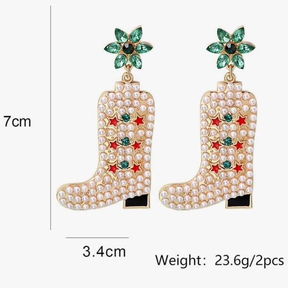 Boots Earrings Cowgirl Boots Embellished Rhinestone Pearl Beaded Jewelry Rodeo - Picture 2 of 2